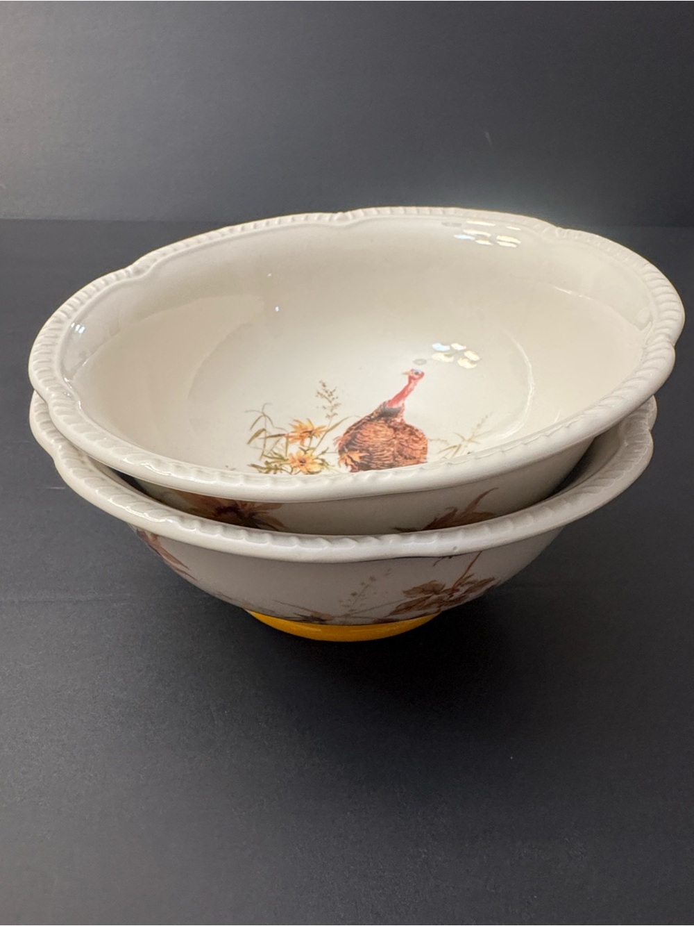 NWOT 2pc POTTER'S STUDIO Scalloped Stoneware Fall Turkey Serving Bowl - 8"x3.5"